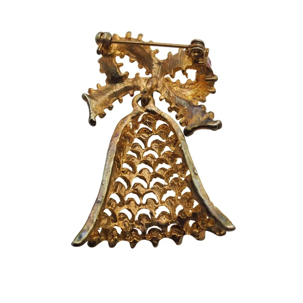 Gerrys Mylu Bell Brooch Gold Christmas Holiday Rhinestone Enamel Vintage Winter